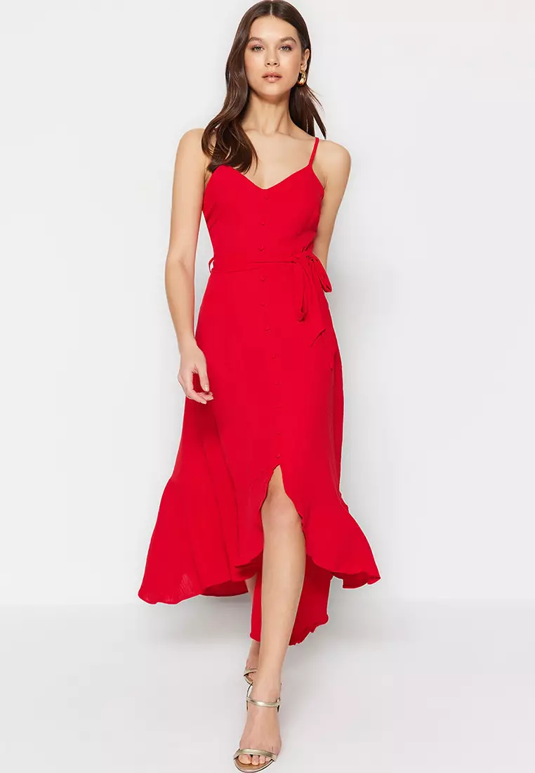 Belted Midi Ruffle Dress