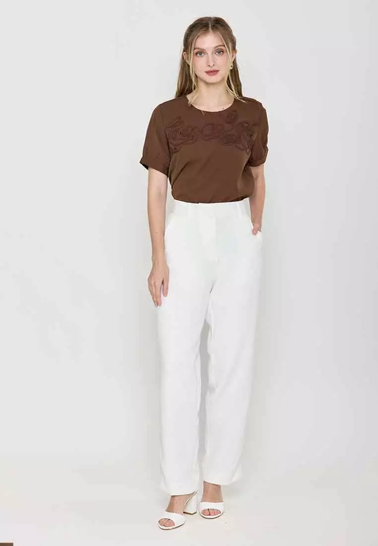 Amelie Round Neck Top with Flower Embroidery