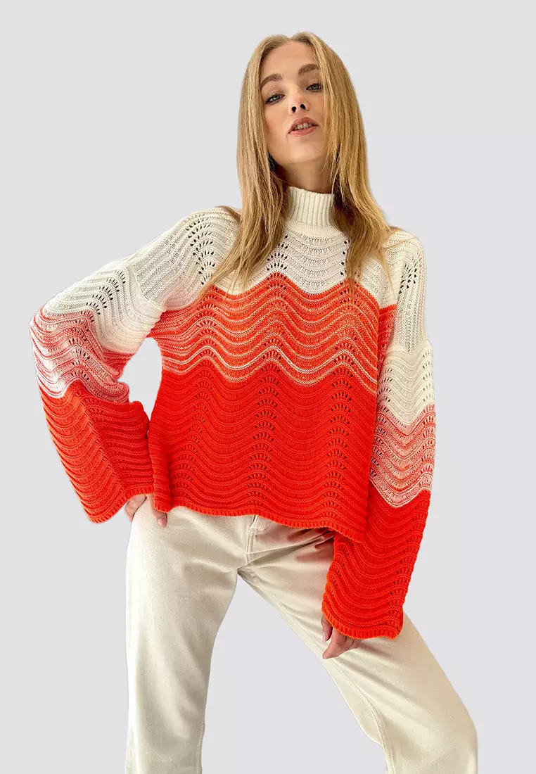 Buy Alacati Women's Orange Half Turtleneck Openwork And Blocked