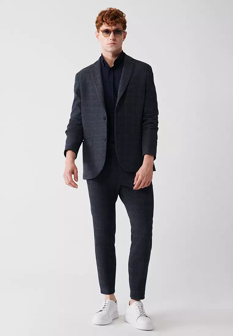 Men's Navy Blue 360 Degree Flexible Double Slit Unlined Jacket A32Y4051