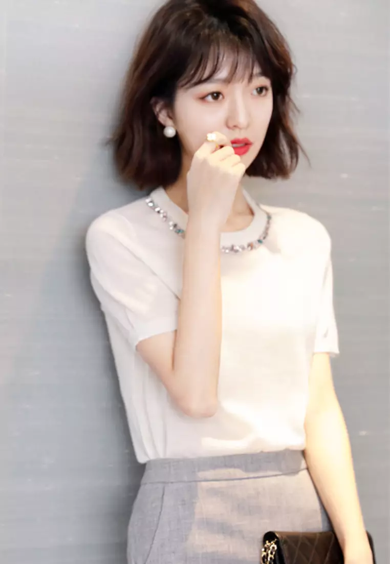 Korean Style Woolen Beaded Ultra-Thin Top A21031903W