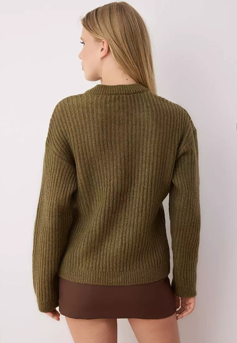 Khaki Soft Textured Button Detailed Knitwear Cardigan