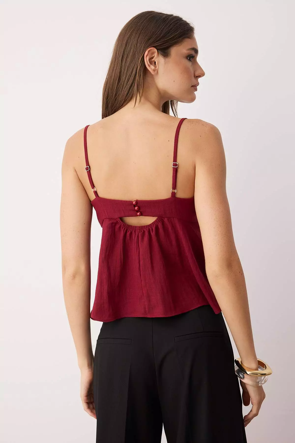 Dark Red Linen Look Bow Detail Hanging Blouse