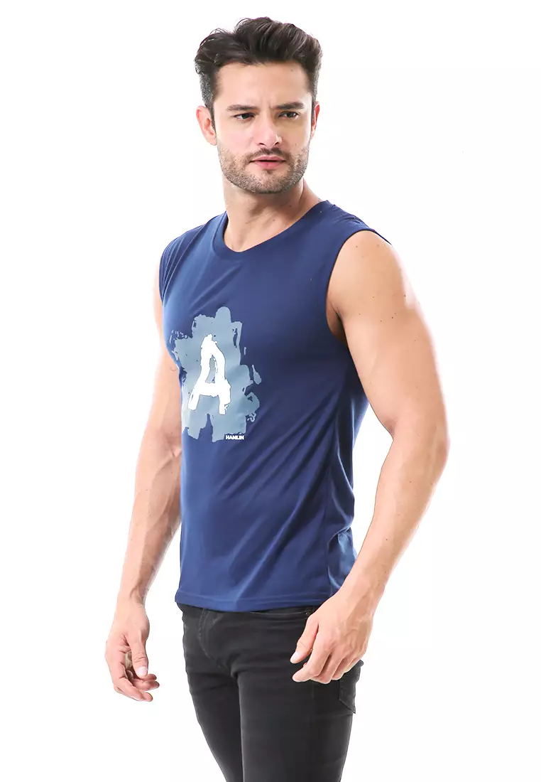 Bobby Atasan Kasual Pria Singlet Motif Huruf A Atasan Tanpa Lengan Material Cotton ORIGINAL - Navy