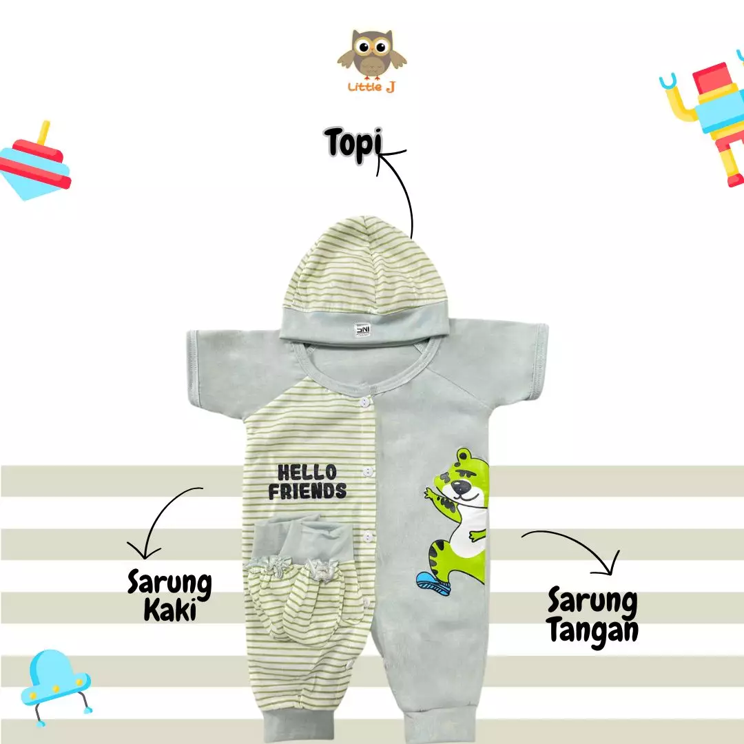 Little J- (1938) Romper bayi 4in1 motif singa set lengkap topi sarung,tangan & kaki dan bahannya adem 