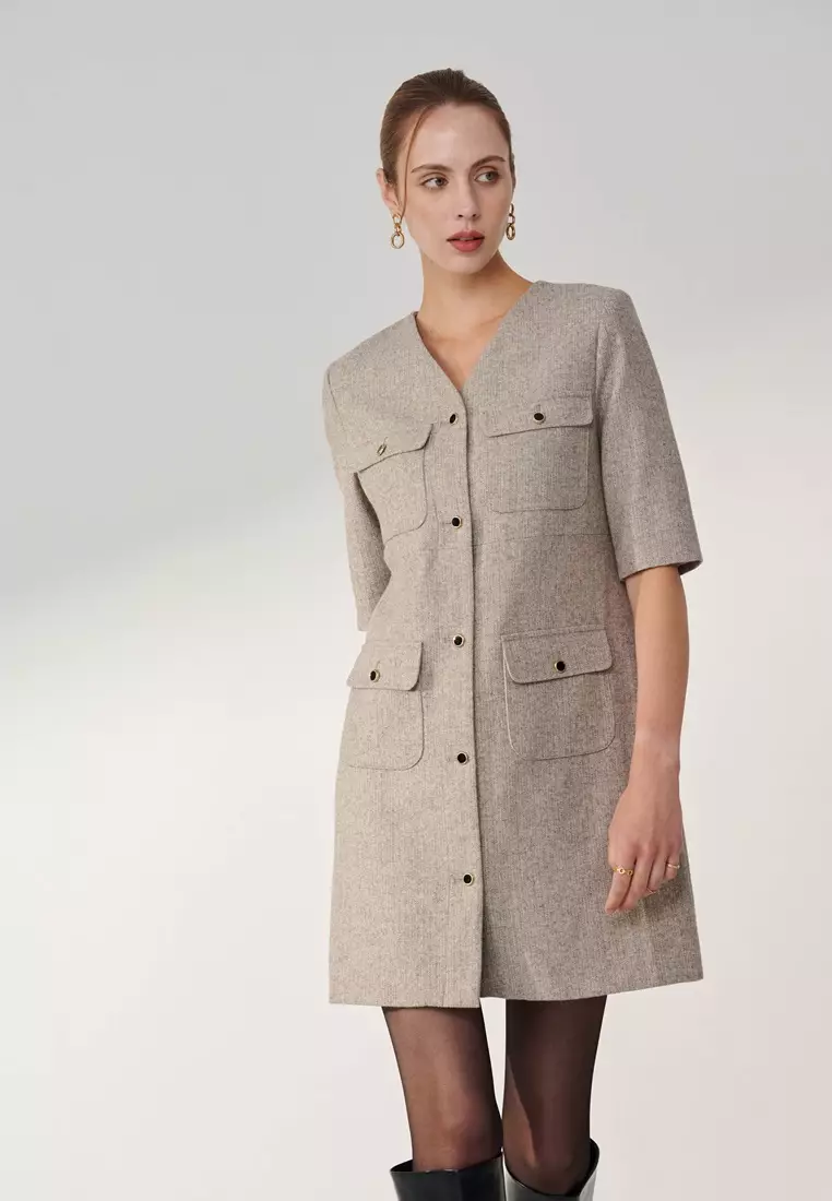 SST&C Grey V-Neck Woolen Dress 2025 Buy SST&C Online ZALORA
