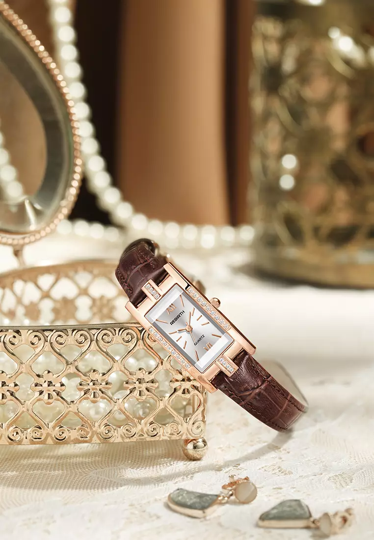 Jam Tangan Wanita Anggun Tali Kulit Berlian Jam Tangan Cewek cokelat