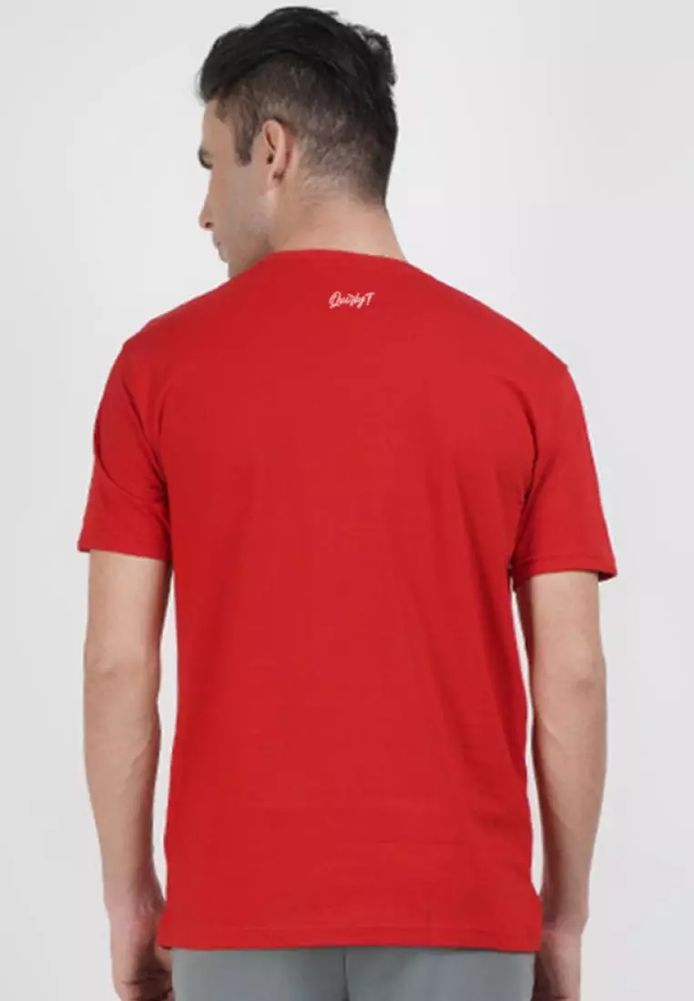 音乐印花图案红色棉质短袖圆领休闲 T 恤