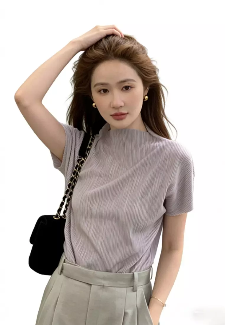 Half Mock Neck Textured Short Sleeve T-Shirt CA26031922LGGY