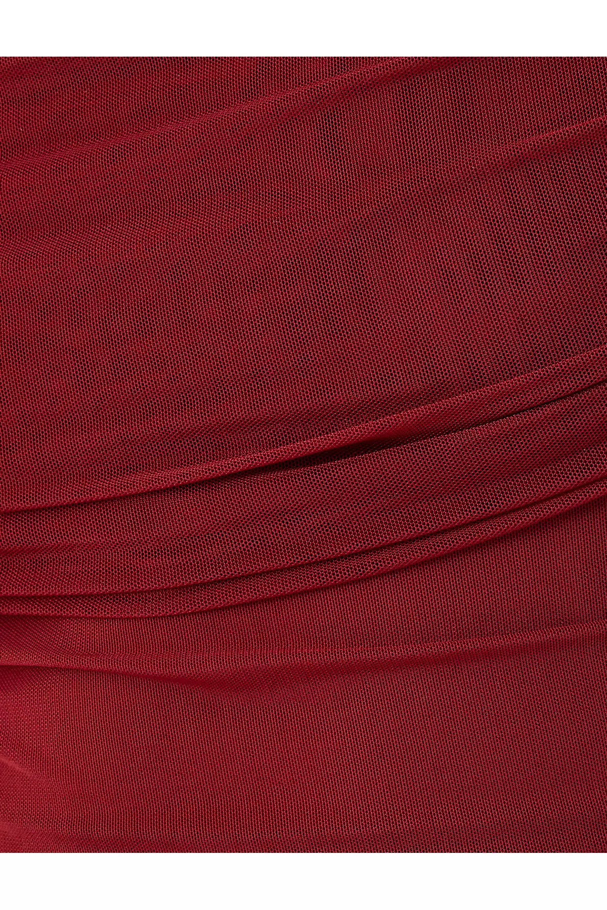 Madonna Collar Off-The-Shoulder Draped Long Sleeve Tulle Bodycon Dress