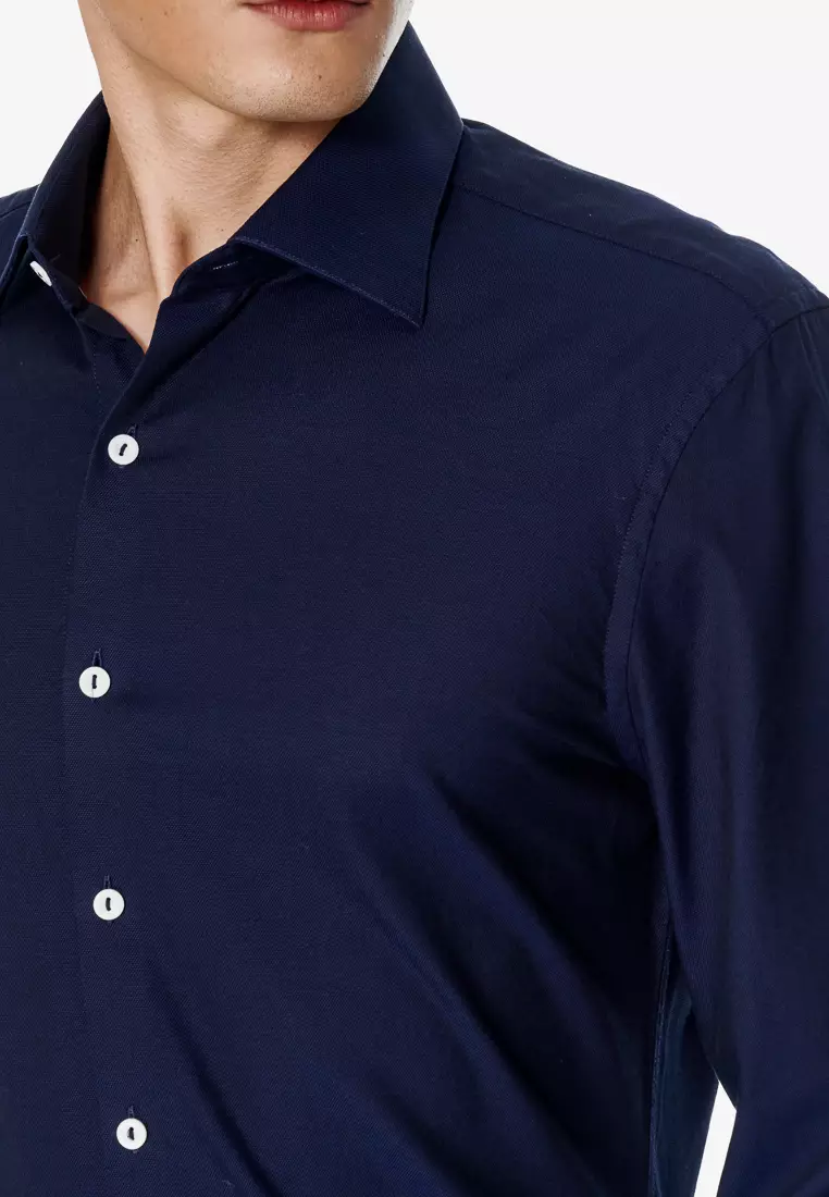 藏青素色織紋標準版長袖襯衫