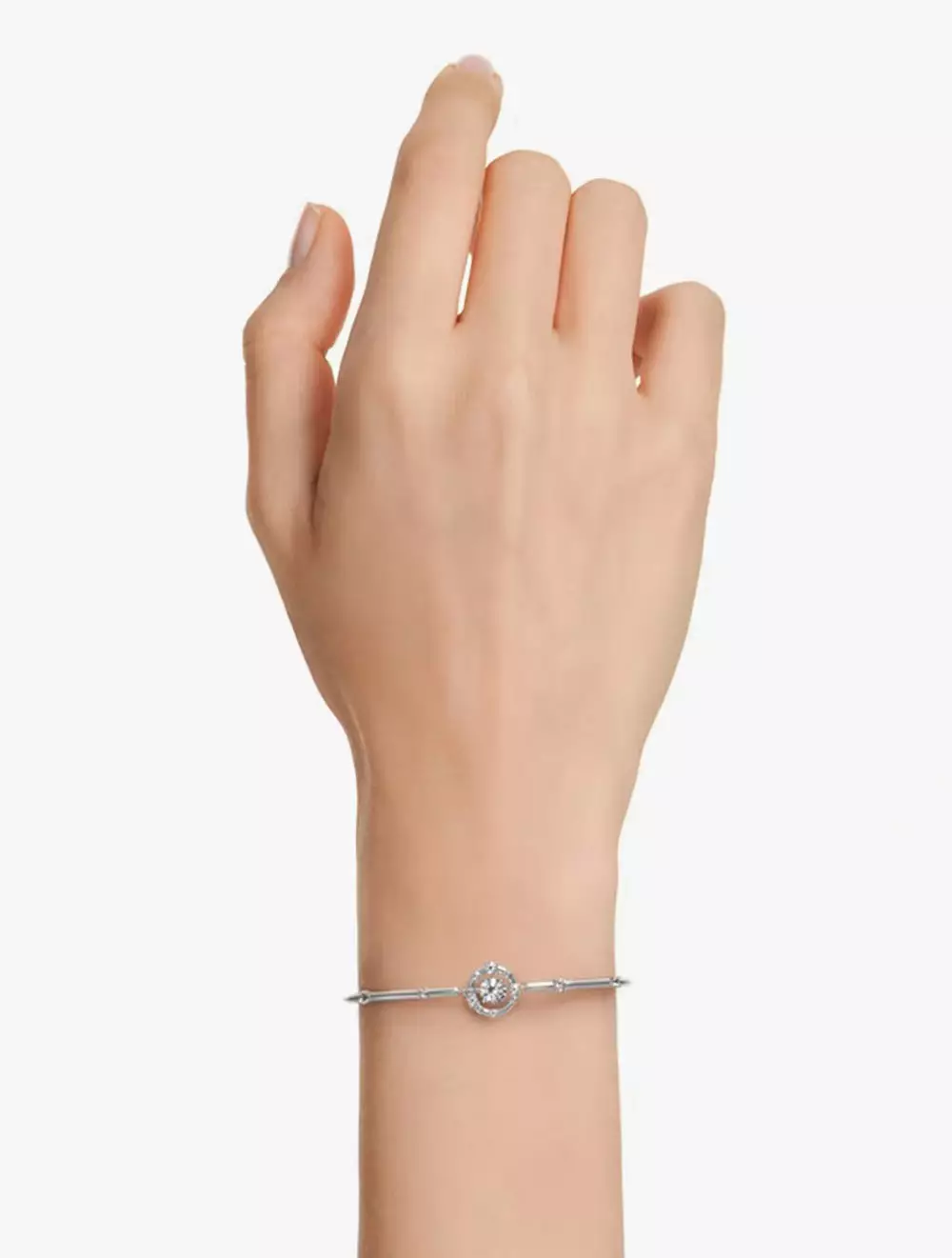 Constella bangle, Round cut, Dancing stone, White, Rhodium plated