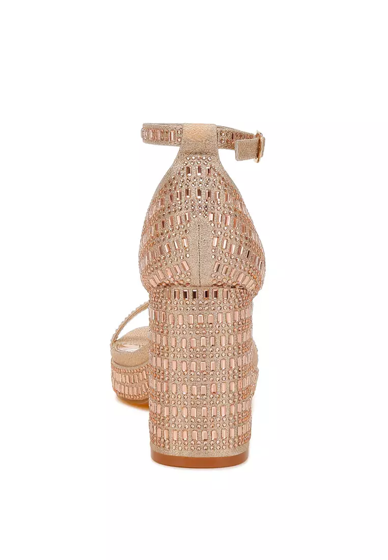 Sandal Blok Berhias Berlian Imitasi Warna Emas