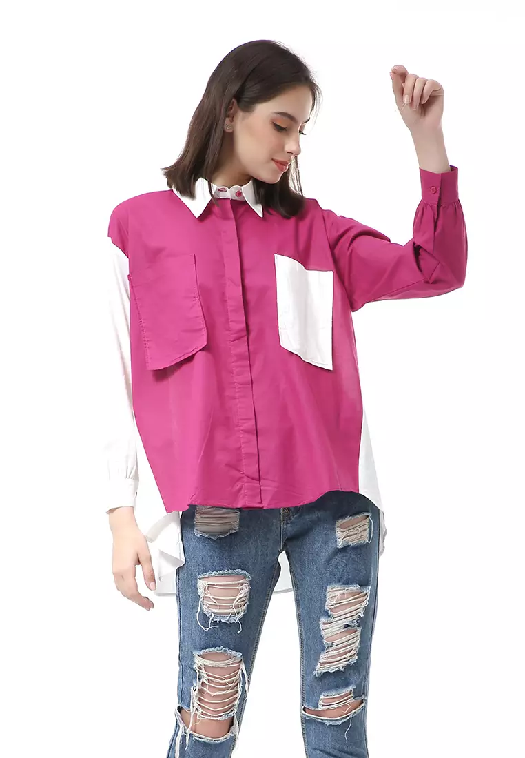 Brielle Atasan Wanita Kemeja Lengan Panjang Model Dua Warna Shirt Two Tone Material Cotton ORIGINAL - Fuschia White