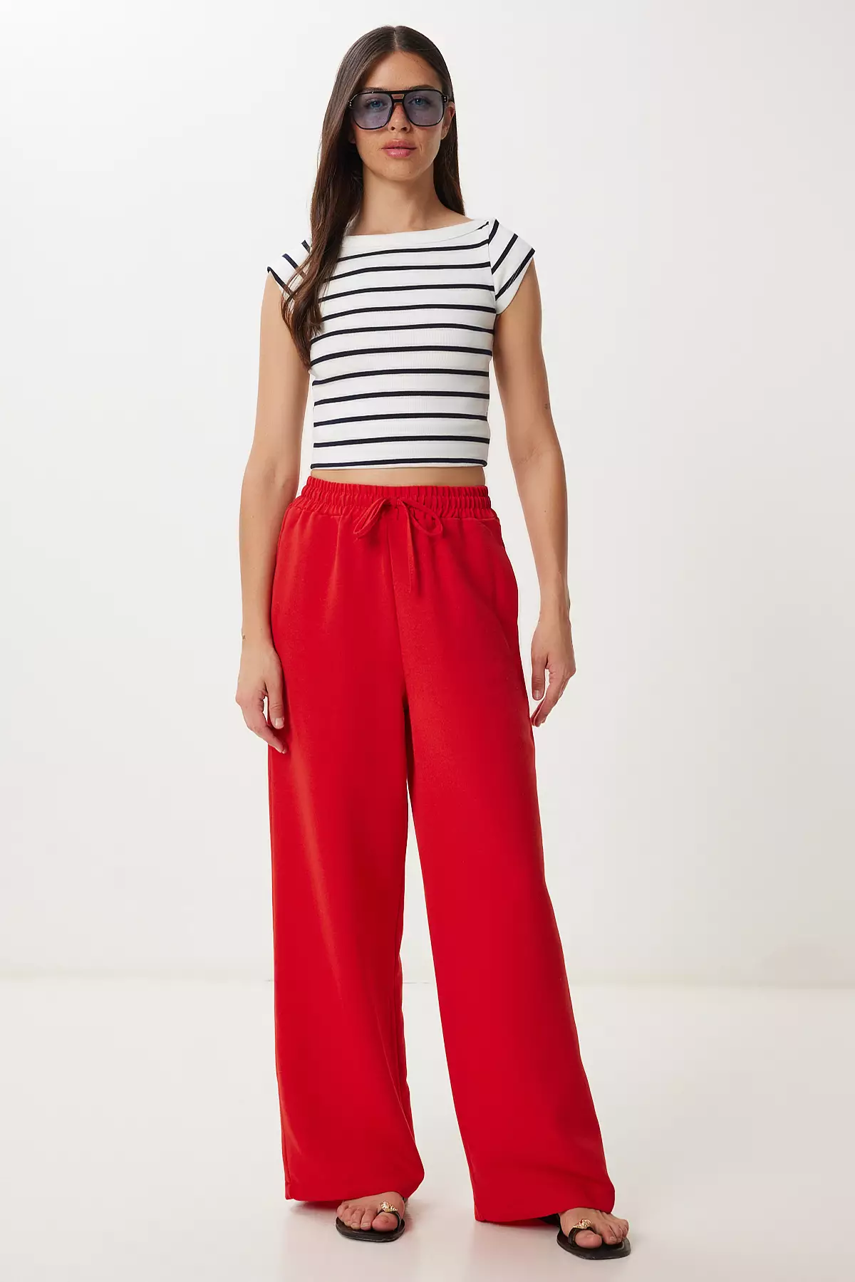 Women's Red Wide Leg Linen Trousers Dp00261
