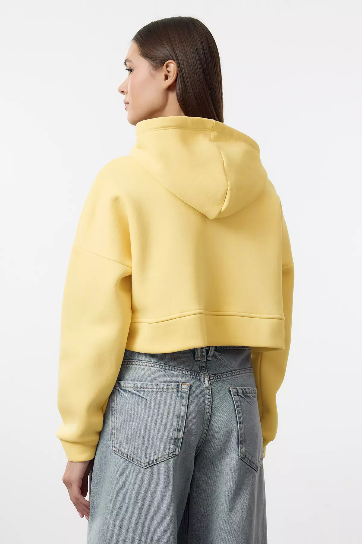 Light Yellow Zipper Hooded Relaxed Fit Crop Thick Inner Fleece Knitted Sweatshirt Twoaw2Sw66