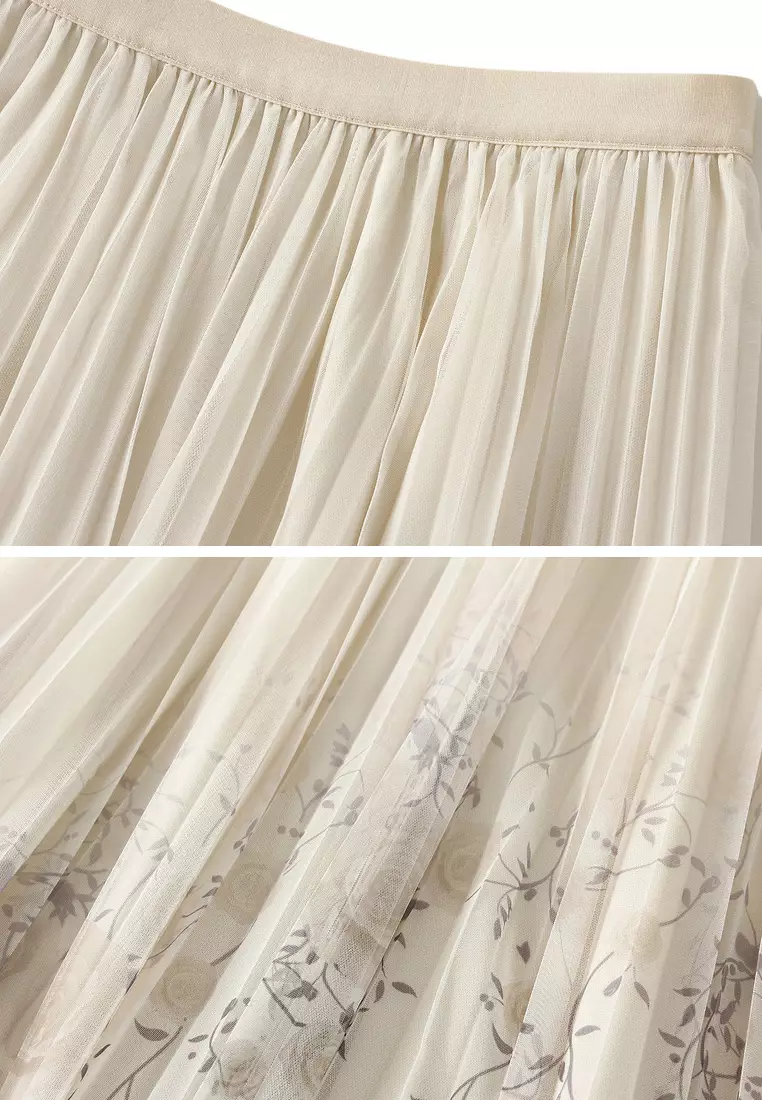 Floral Mesh Pleated Skirt AF-J898