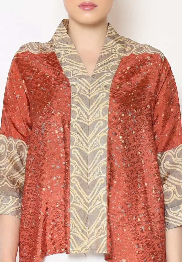 Rinjanie Batik - Blouse Batik Kalong Kerah Terracota - Batik Tuntrum mix Megamendung Modern - Blouse Batik Wanita Kekinian - Atasan Batik Wanita - Batik Kantor - Batik Cap - XSAU - TR