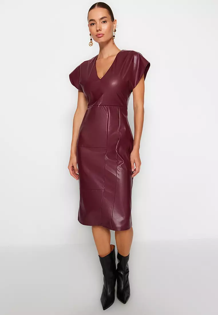 Faux Leather V-Neck Dress