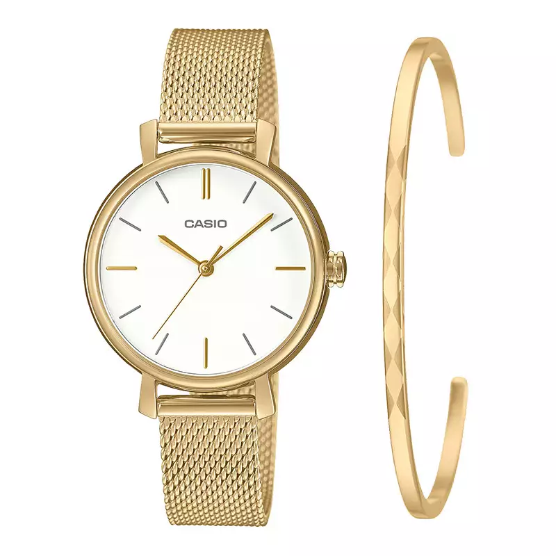 Jam Tangan Wanita Casio General LTP-2024VMG-7CDR White Dial Gold Mesh Band + Bangle