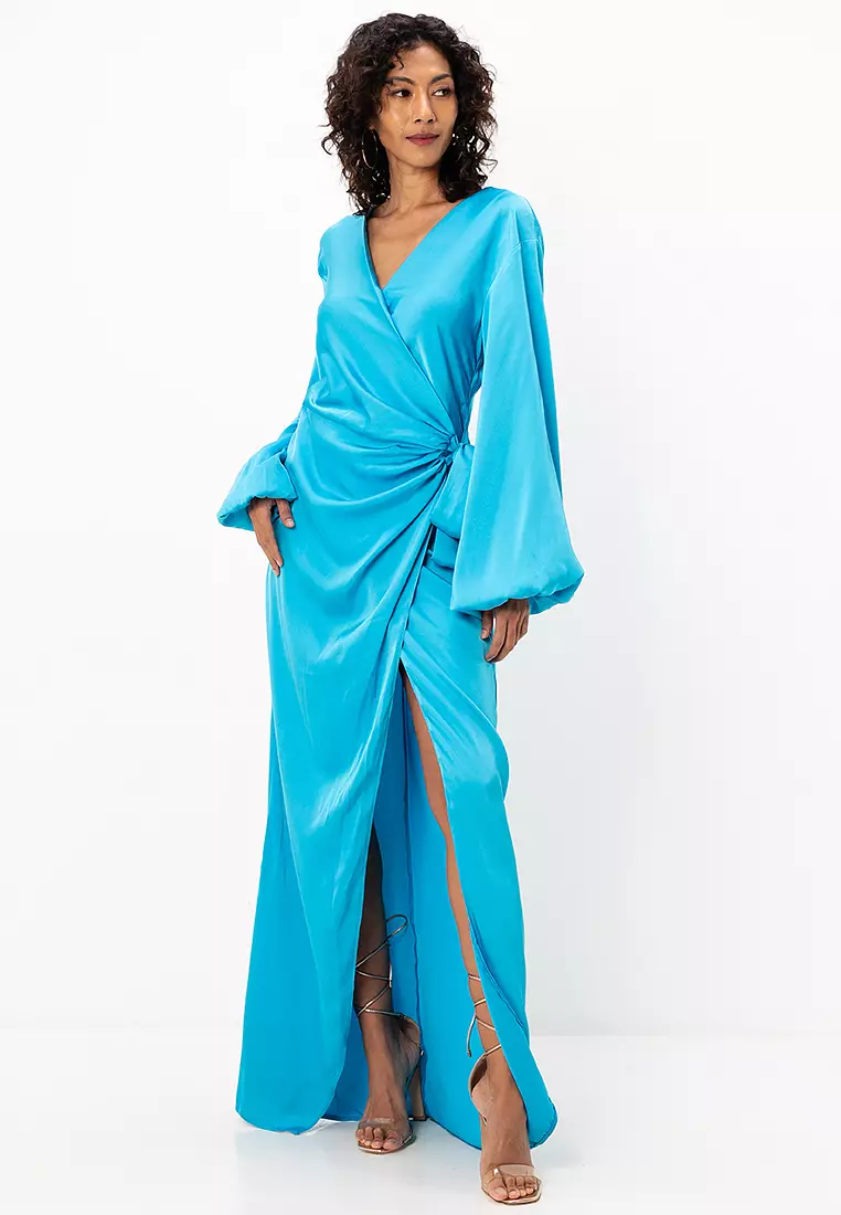Exaggerated Sleeves Open Back Wrap Dress