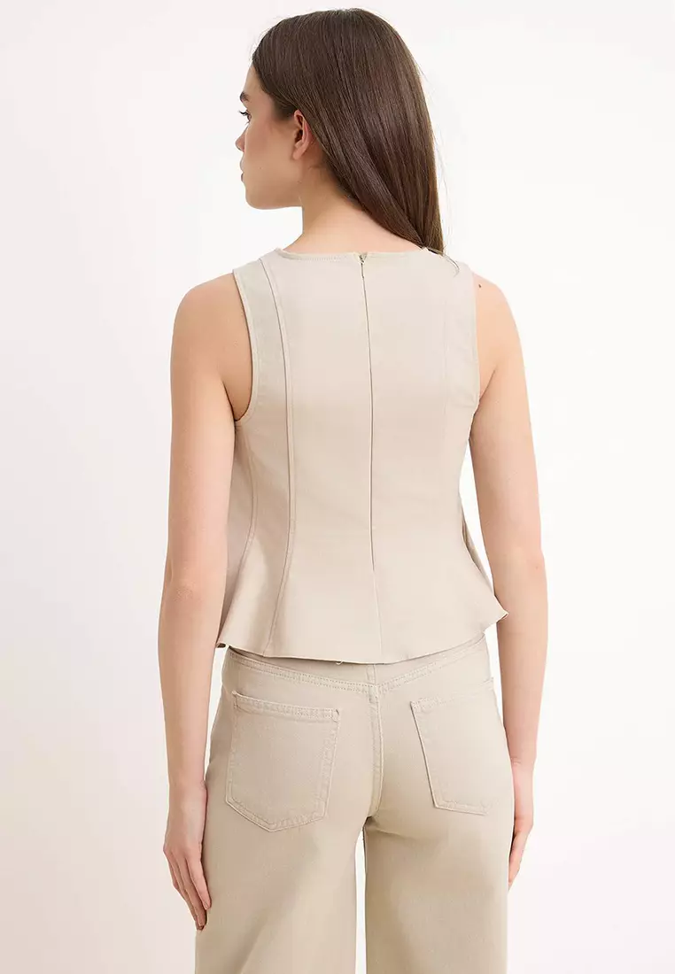 Beige Peplum Detailed Gabardine Woven Blouse Twoss26Bz449