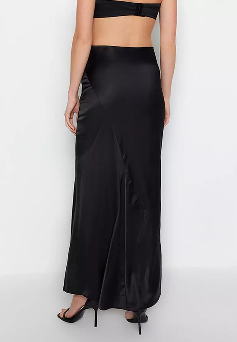 Black Woven Satin Long Skirt