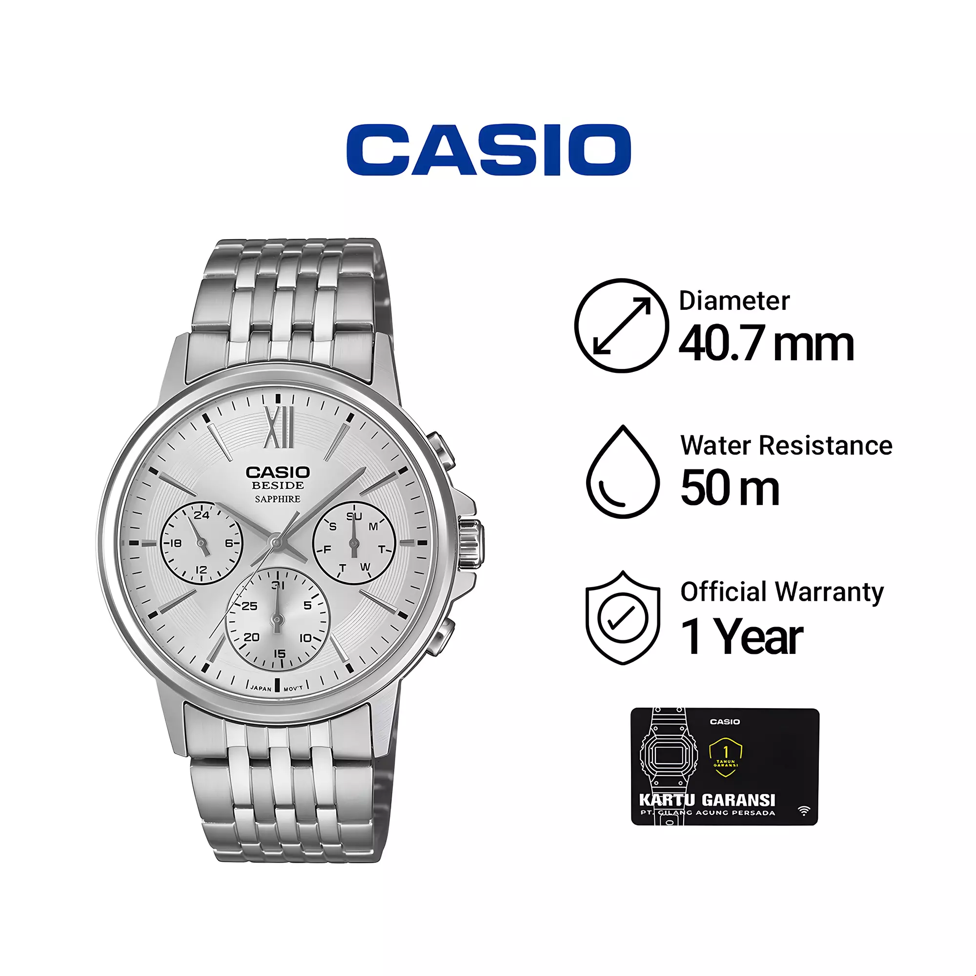 Casio Beside Sapphire Glass - Jam Tangan Chronograph Pria - Silver Dial - All Silver Stainless Steel - BMS-300D-7AV