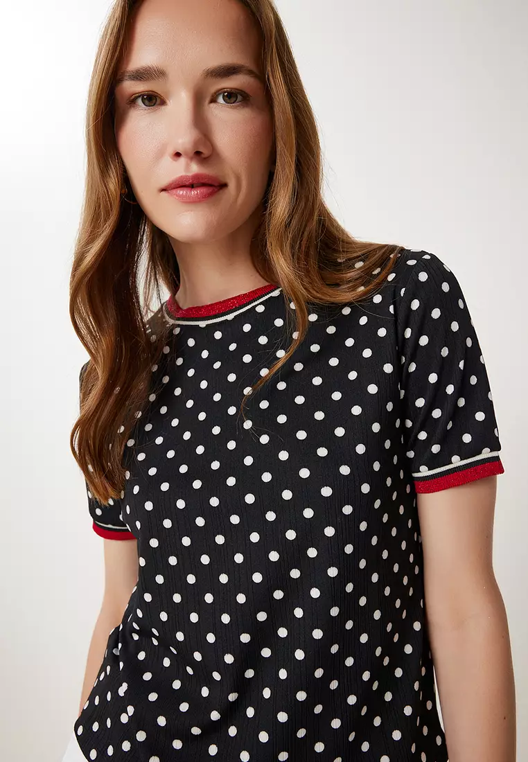 Women's Black Ecru Patterned Flexible Knitted Blouse Tp00078