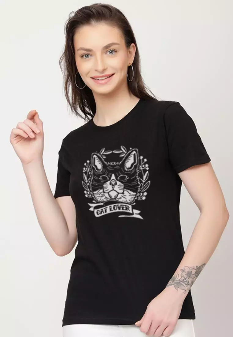 QuirkyT Cat Lover Relaxed Short Sleeve Stylish Black Cotton Casual