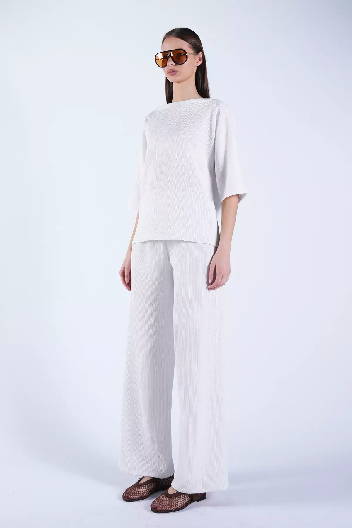 Ecru Boat Neck Bat Sleeve Casual Blouse And Palazzo Trousers Wrinkled Set Alc-X13470