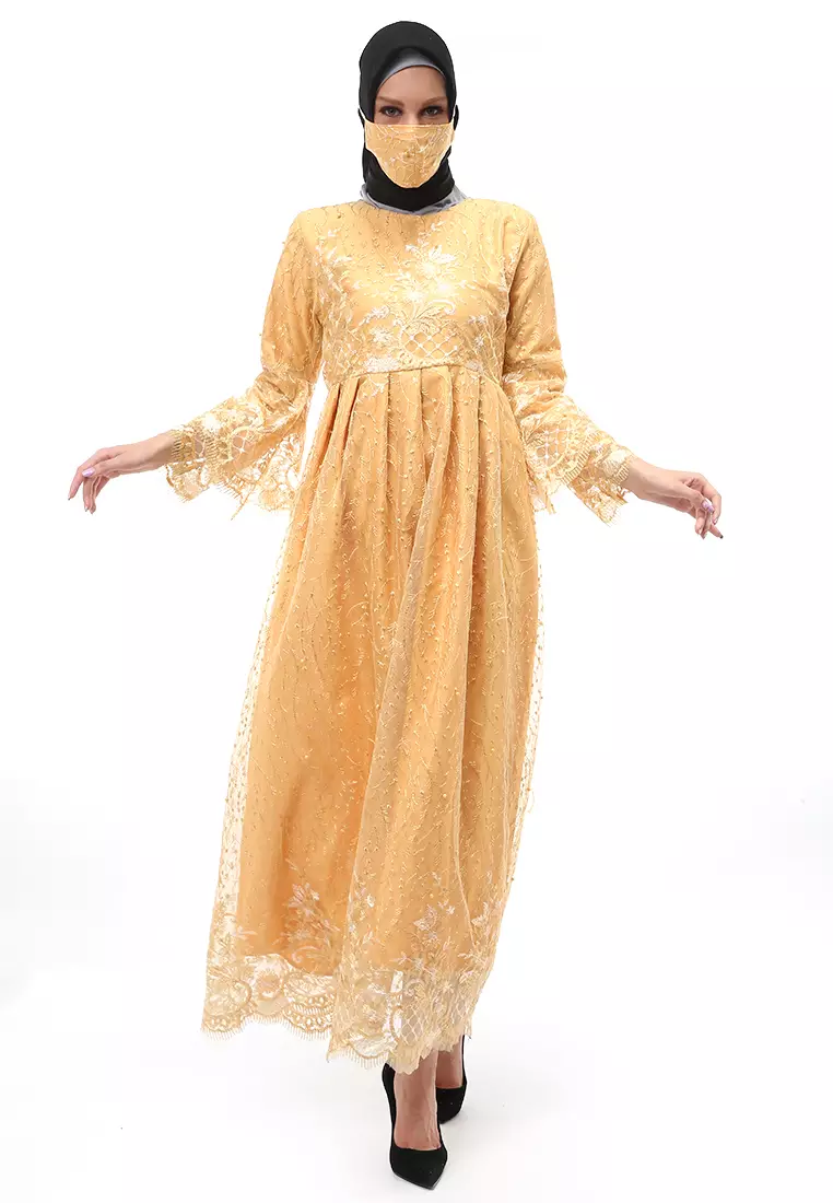 Araya Gamis Tulle Wanita Muslimah Long Dress Regular Fit - Gold