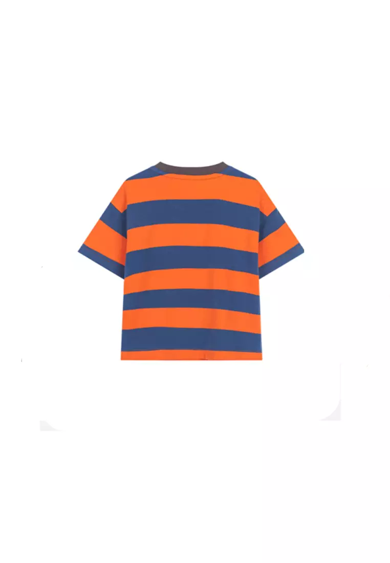 男小童短袖T恤运动感复古印花条纹T恤