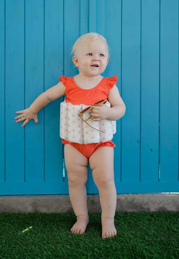 Stripes & Blooms Ruffles Sleeveless Floatsuit - Coral Daisy