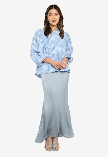 Lubna blue Textured Puffed Sleeves Kurung With Mermaid Skirt CBB9DAA763547CGS_1
