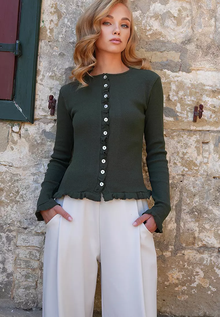 Women's Olive Green Crew Neck Ruffle Detailed Button-Front Knitted Blouse Alc-X14533