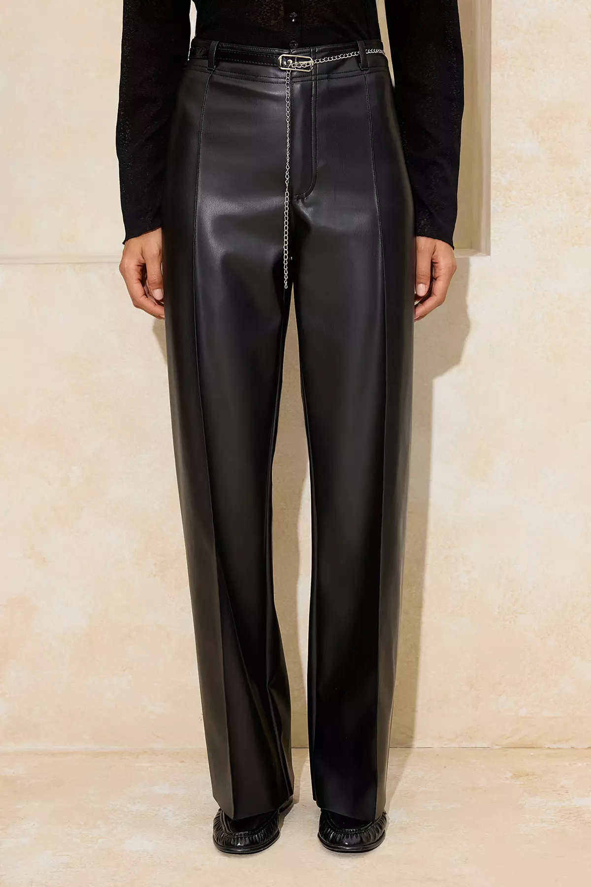 Black Faux Leather Chain Belt Detailed Straigt/Straight Cut Trousers Twoss26Pl27