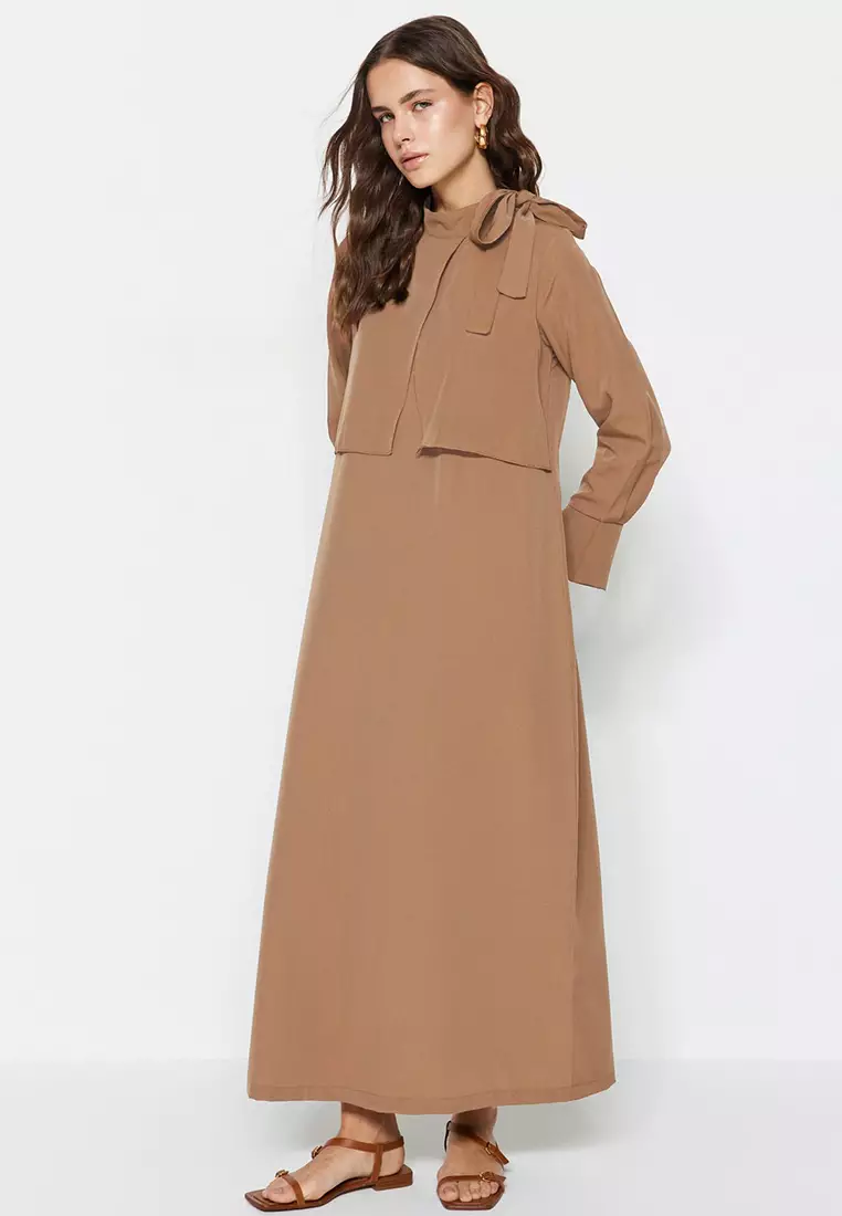 Beige Collar With Tie Detail Woven Dress Tctss23Eb00283