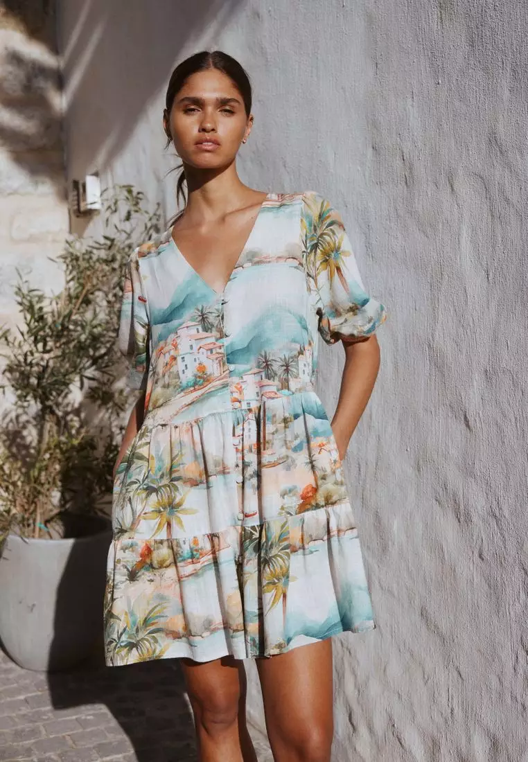 Short Sleeve Button Through Tiered Mini Dress with Linen