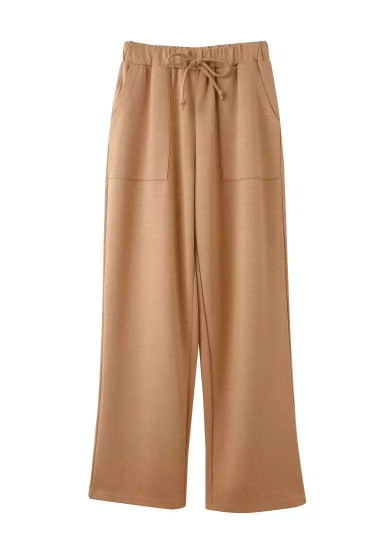 Solid Color Air-Cotton Jogger-Style Wide Straight Pants with Elastic Waist [BA7663]