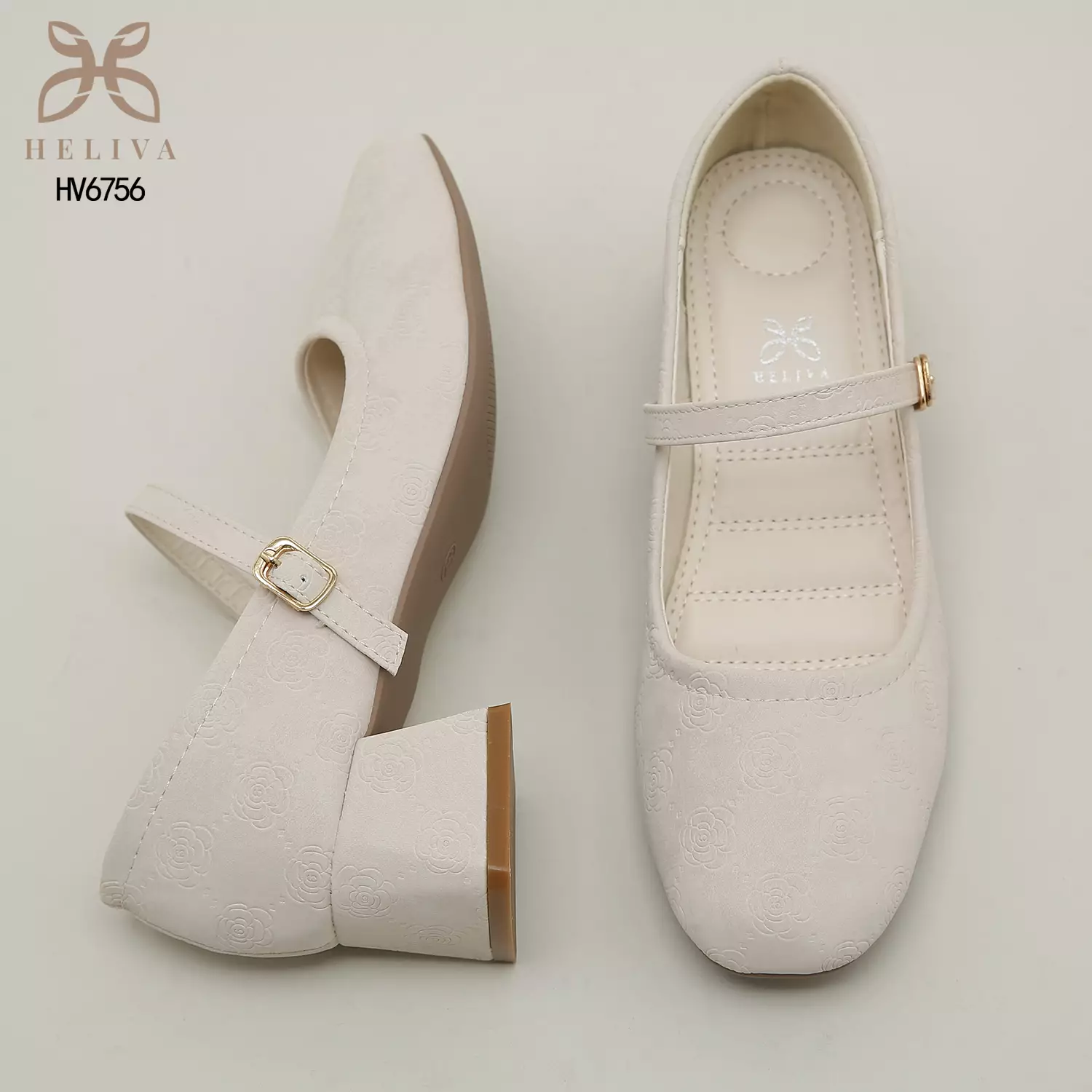 Heliva Kimmy Marry Jane Shoes Heels Chunky Embossed Flower Sol 5cm