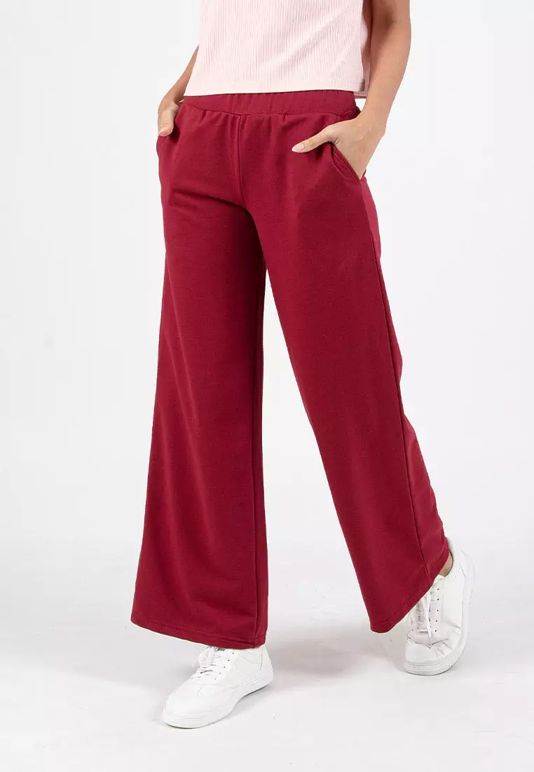 Forest Ladies Cotton Terry Wide Leg Pants Women Casual Long Pants - 810544-56Maroon