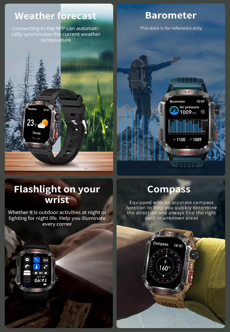 Smart Watch HT29 2.01 HD Large Screen Flashlight Compass function Health Monitoring Jam Pintar green