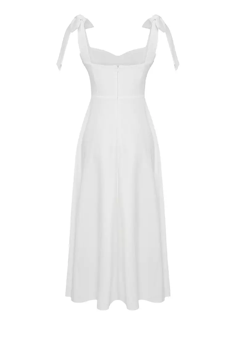 White A-Line Strap Binding Detail Woven Midi Stylish Evening Dress Night Graduation Dress Tprss24El00251