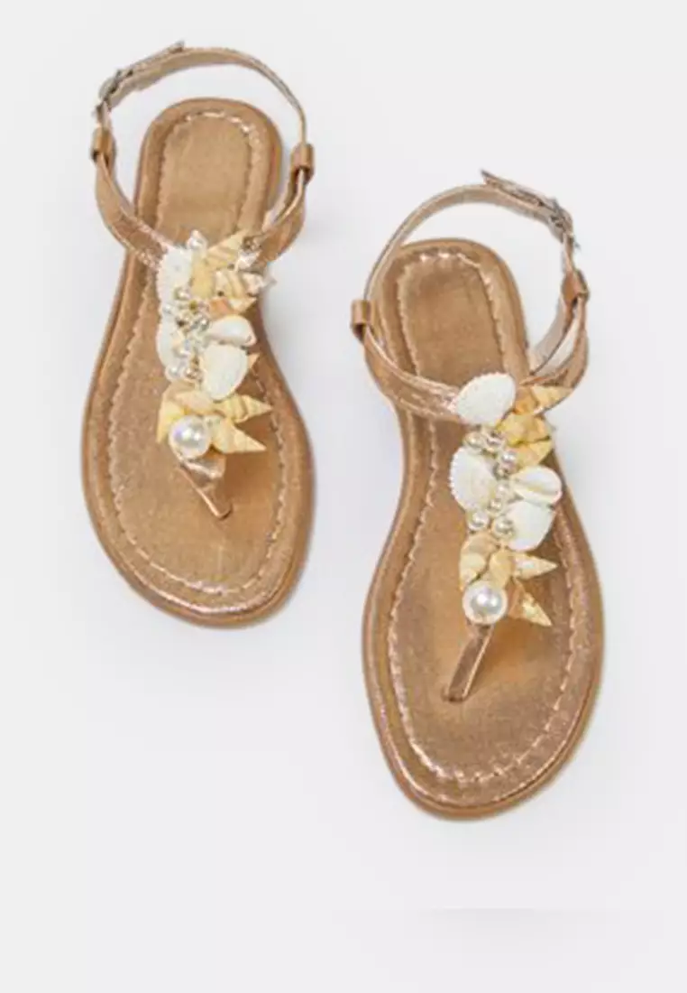 Bronze Sea Conch Pearl Detailed Flip Flops Women Stylish Sandals Takss25Sd00008