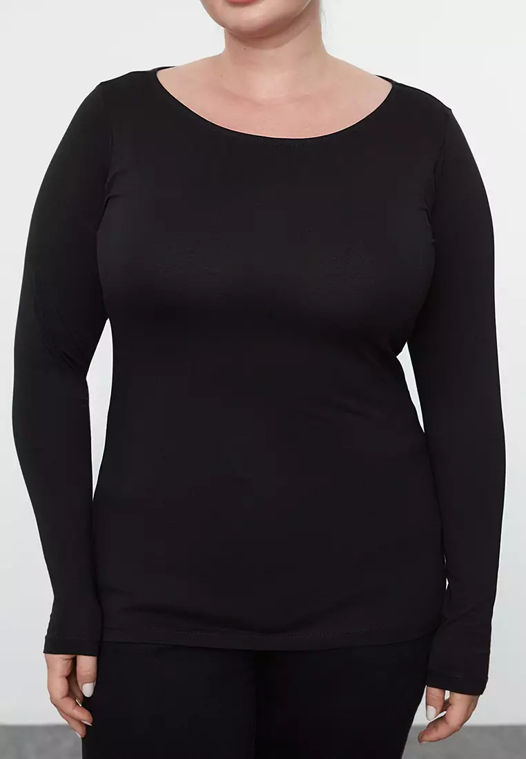 Black 100% Cotton Body-Fitting Long Sleeve Plus Size T-Shirt Tbbaw25Bf00000