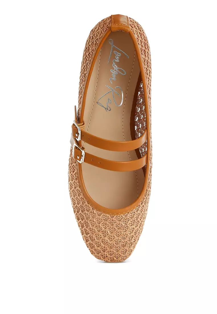 Pin Buckle Strapped Ballerinas In Tan