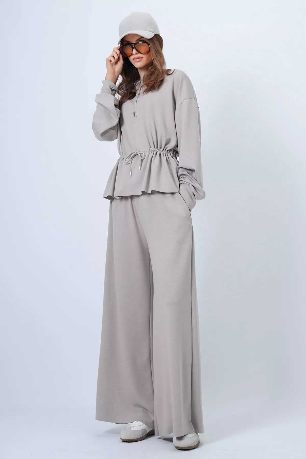 Beige Hooded Drawstring Waist Modal Blouse And Pants Set Alc-X14668