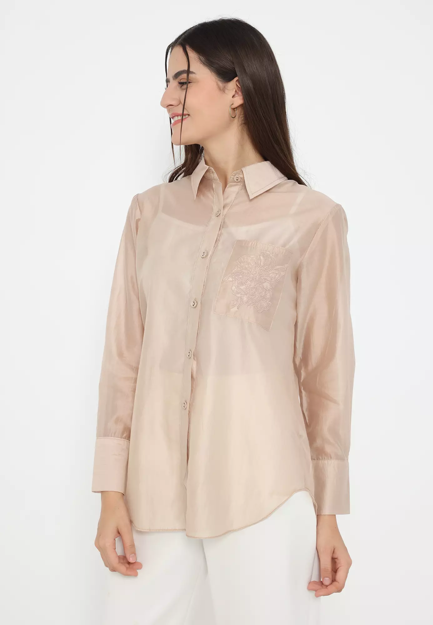 Plain Shirt Nude Cream With Embroidery In Pocket By Brilliant Girl Warna CREAM