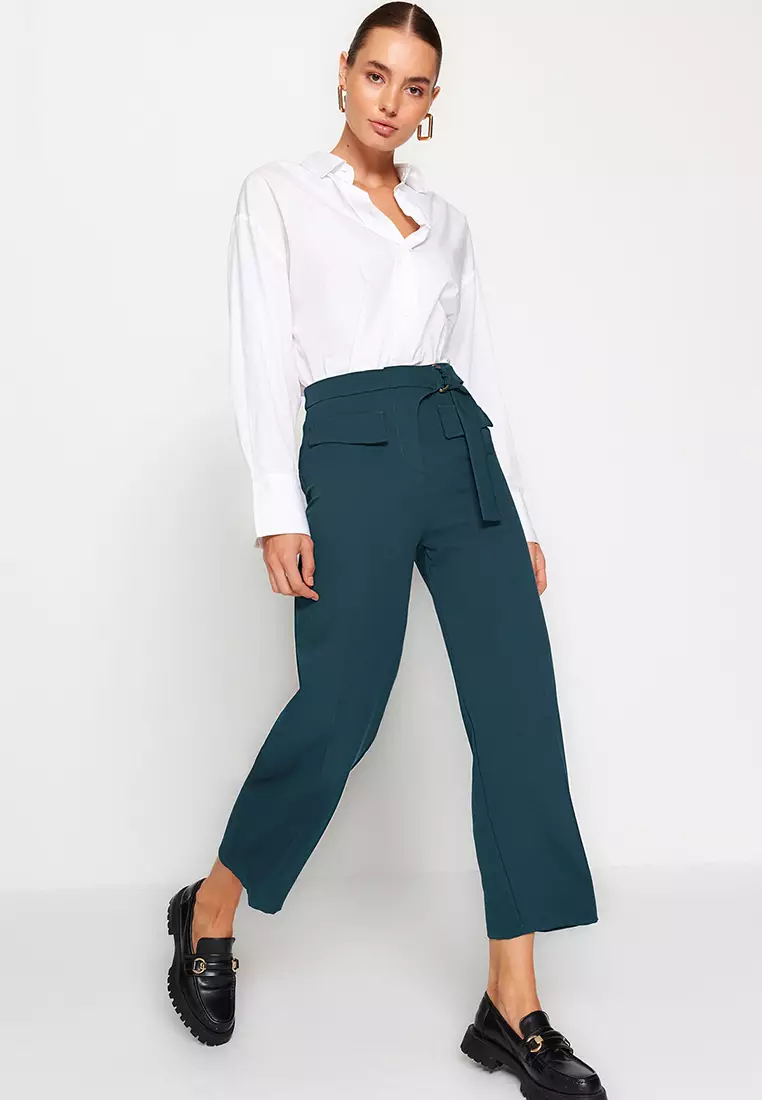 Buy Trendyol Navy Blue High Waist Woven Trousers With Belt Detail